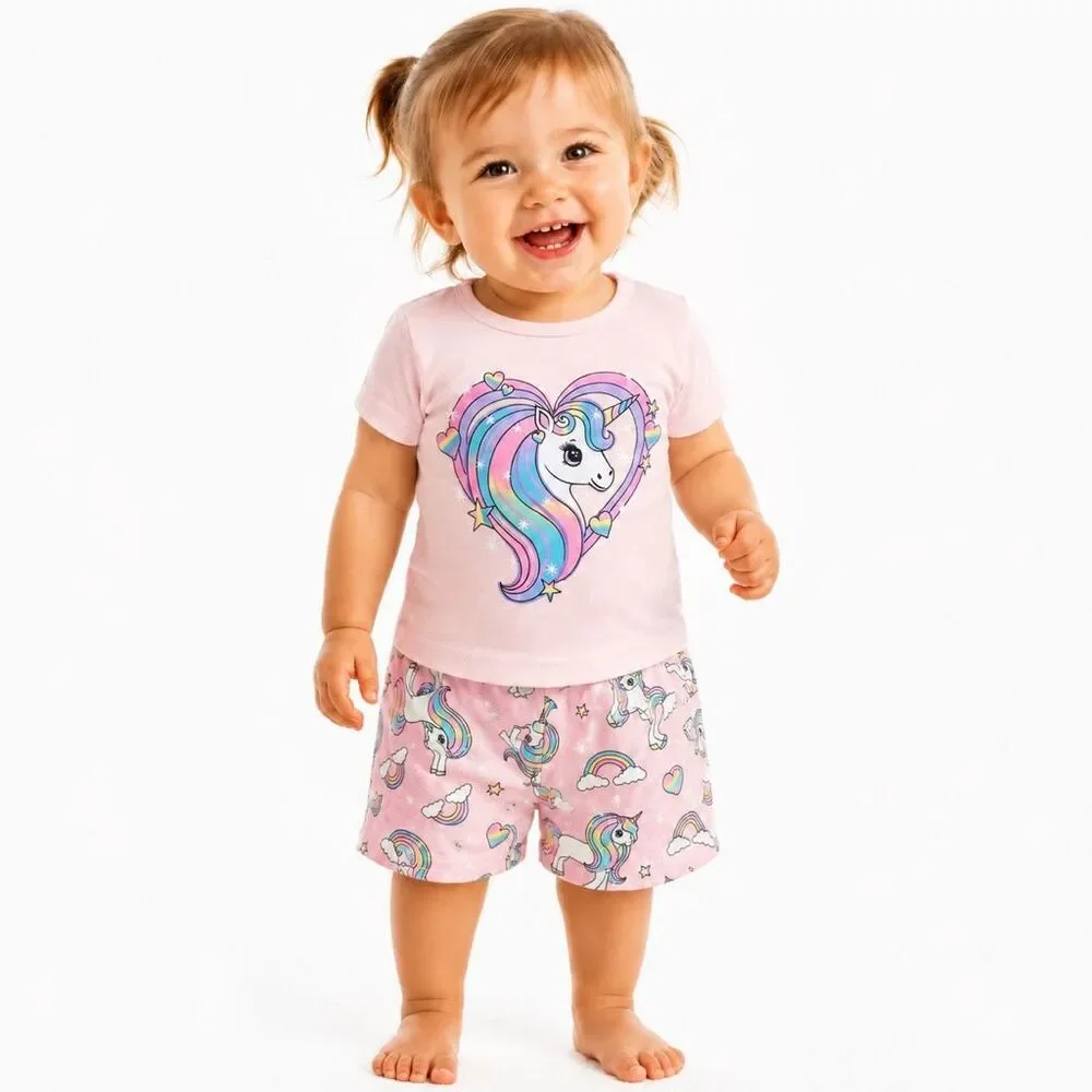 PJ Place Girls 12-18M Pink Unicorn Rainbow Pajama Set 100% Cotton